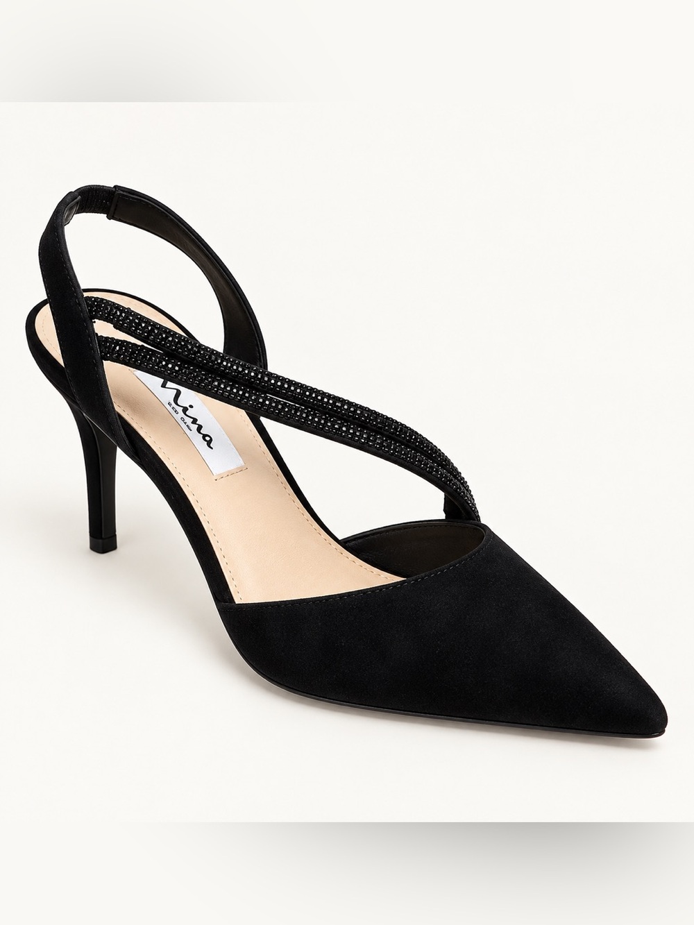 Nina New York Black Rhinestone Pointed Toe Slingback Heels Pumps Size 8M